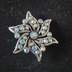 Crystal Flower Pin Brooch - Aurora Borealis Silver Tone